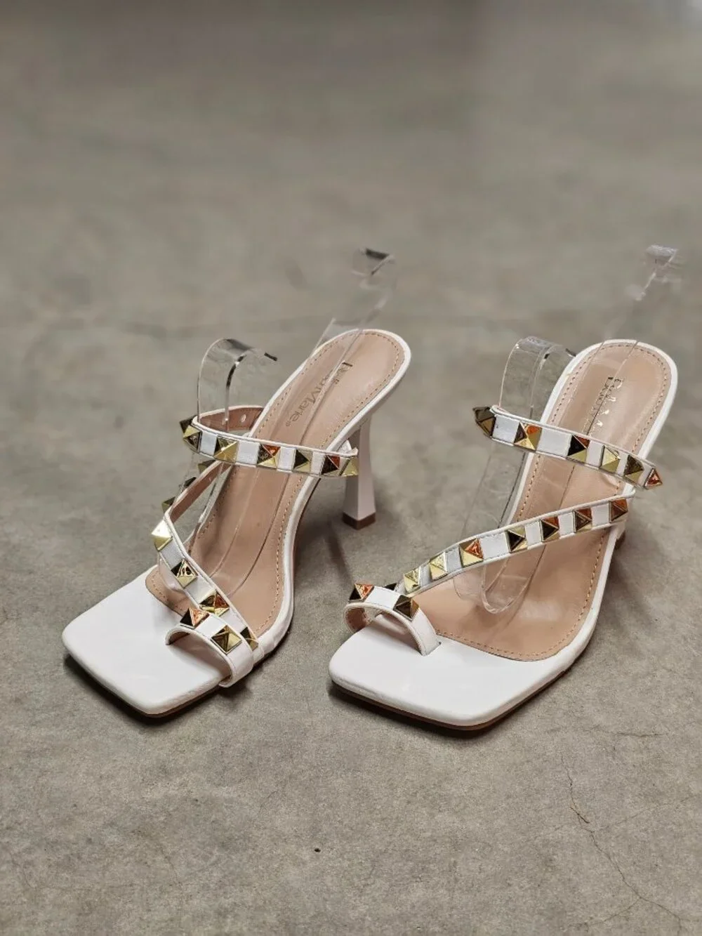 Studded High Heel Sandals With Strappy Design Open Toe & Gold-Tone Accents Ideal